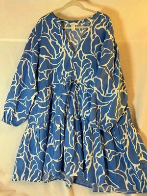 H&M Linen-Blend Blue & White Striped Longsleeved Dress with Drawstring Waist - Image 1 of 3