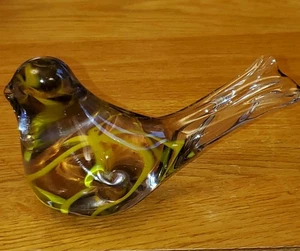 Clear Art Glass Bird With Yellow Swirl 3x5" Paperweight Ornament - Picture 1 of 11