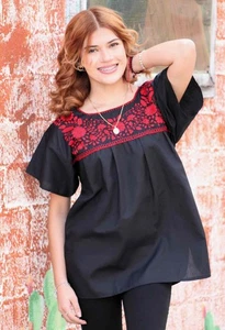 Black and Red Mexican Puebla Blouse with Red Embroidery – Handmade Floral - Picture 1 of 10