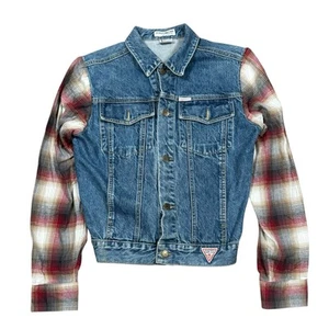 Vintage George Marciano for Guess Denim Vest w Flannel Plaid Sleeves Jacket Sz M - Picture 1 of 9