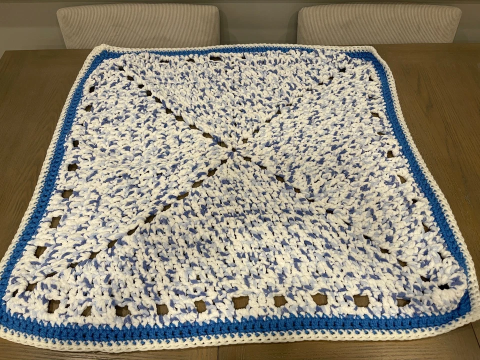 Handamade CROCHET baby blanket blue and white 33x37 - Image 1 of 1