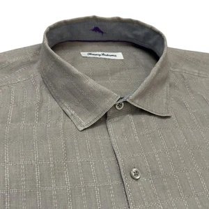 Tommy Bahama Linen Shirt Gray Check Long Sleeve Mens L Spread Collar Pocket - Picture 1 of 19