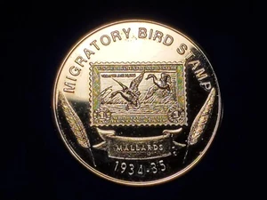 Vintage 24k G.P. Migratory Bird Stamp Medallion 1934-35 Mallards Jay Darling - Picture 1 of 6