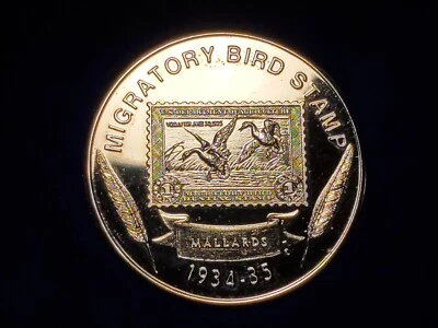 Vintage 24k G.P. Migratory Bird Stamp Medallion 1934-35 Mallards Jay Darling - Image 1 of 4