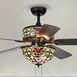 Ransoe 6-Light Blue Heart Tiffany 5-Blade 52-Inch Matte Black Ceiling Fan - Picture 1 of 5