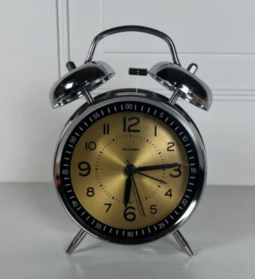"Reloj despertador Peakeep Twin Bell metal cromado con cara dorada 4"" barrido segunda mano" Foto 1 de 2