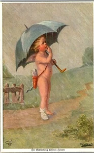 Vtg Fantasy Art Postcard Cherub Angel in Rain & Umbrella Signed Fialkowska - Picture 1 of 3