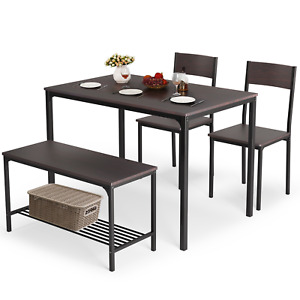Dining Table Set for 4, 3-Piece Dining Set W/ 2 Chairs and Bench & Storage Rack