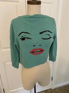 Vintage Betsey Johnson Marilyn Monroe Teal Cardigan Sweater Size L Y2K RARE - Picture 1 of 9