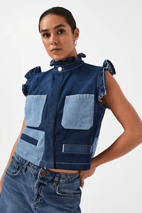 seventy + mochi Women’s Pablo Waistcoat Vest in Patched Blue Denim size 4 NWT - Picture 1 of 8