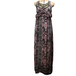 Free People Lace Front Print Semi-Sheer Sleeveless Maxi Dress Side Slits Black 2 - Picture 1 of 24