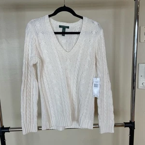 Lauren Ralph Lauren Sweater V-Neck Fisherman Knit Light Off White  Preppy Sz L - Picture 1 of 9