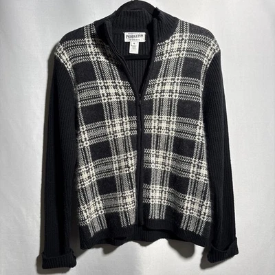 Pendleton Womens Black White Plaid Zip Up Sweater M Silk Angora Cashmere Wool - Image 1 of 4