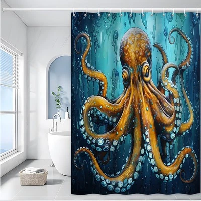 Octopus Shower Curtain Ocean Nautical Kraken Tentacle Teal Blue Bathroom Decor - Image 1 of 4