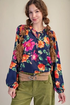 New Easel Women's Boho Floral Tie Neck Blouse Pullover Woven Long Sleeve Large - Image 1 of 4