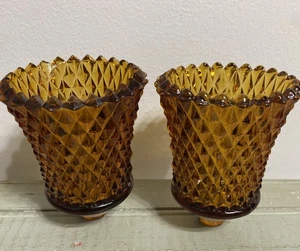 2 Vintage Amber Glass Votive Cup Candleholders Home Interior Diamond Pattern 3” - Picture 1 of 4