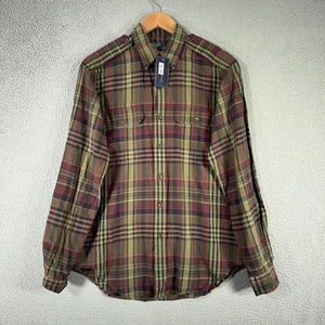 Polo Ralph Lauren Leinen Seide Hemd Herren klein grün kariert Button Down Schulterklappen - Bild 1 von 12