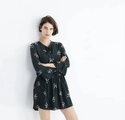 Madewell 100% Silk Tie-Neck Dress Wild Botanic Floral Green Bell Sleeve Size XXS - Image 1 of 4