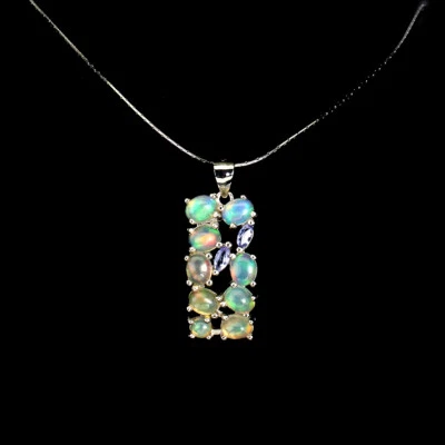 Collar de plata de ley 925 ovalado ópalo de fuego tanzanita piedras preciosas joyería 18 pulgadas Foto 1 de 4