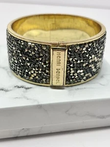 HENRI BENDEL NY Gunmetal Crystal And Gold Tone Wide Hinged Bangle Bracelet - Picture 1 of 8