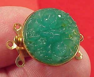 Vintage 18mm Necklace Clasp Connector 3 Str Carved Jade Glass Gold Plated - Picture 1 of 6