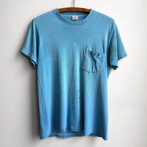 Vintage 1950s B.V.D. Light Blue Distressed & Faded Selvedge Pocket Tee Medium - Picture 1 of 8