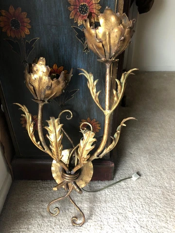 Vintage Gilt Gold Metal Double Light Fixture Sconce Globed Flowers Spiky Leaves Cover