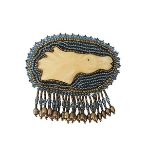 Oval Beaded Dangle Boho Carved Tribal Horse Brooch - Picture 1 of 8