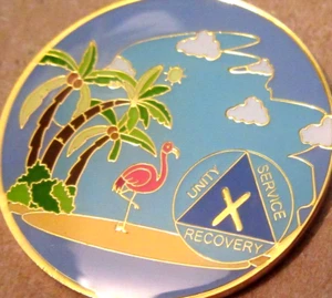 Beach - Blue yellow pink Alcoholics Anonymous 10 Year AA Medallion Coin Token - Picture 1 of 10