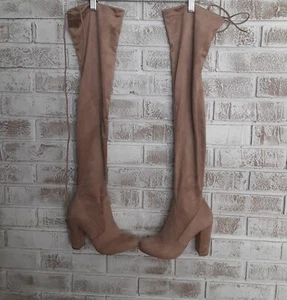 Lulu's Thigh High Boots sz 7 Vegan Suede Camel Clubbing Versatile - Picture 1 of 7