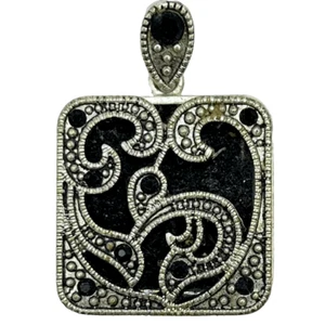 East 5th Square Necklace Pendant Charm - Black/Silver-Tone Paisley 1.5" Jewelry - Picture 1 of 4