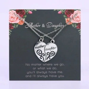 2Pcs Necklace Silver Plated Mom Mother& Daughter Love Heart Pendant Charm Chain - Picture 1 of 6
