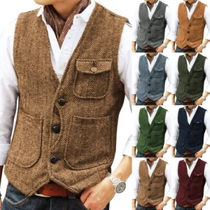 Mens Tweed Vest Vintage Western Wool Herringbone Cowboy Vests M Large XL XXL 3XL - Picture 1 of 18