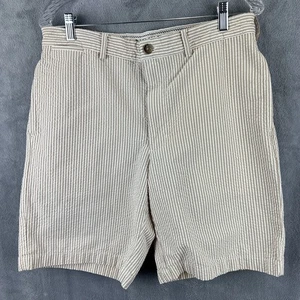 Lands End Shorts Mens 33 Khaki White Striped Seersucker Pockets 9” Inseam - Picture 1 of 14