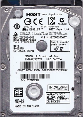 HTS545050A7E362 pn: 0J38755 mlc: DA5754 AUG-13 500GB 2.5 SATA GENUINE HGST-Apple - Image 1 of 4
