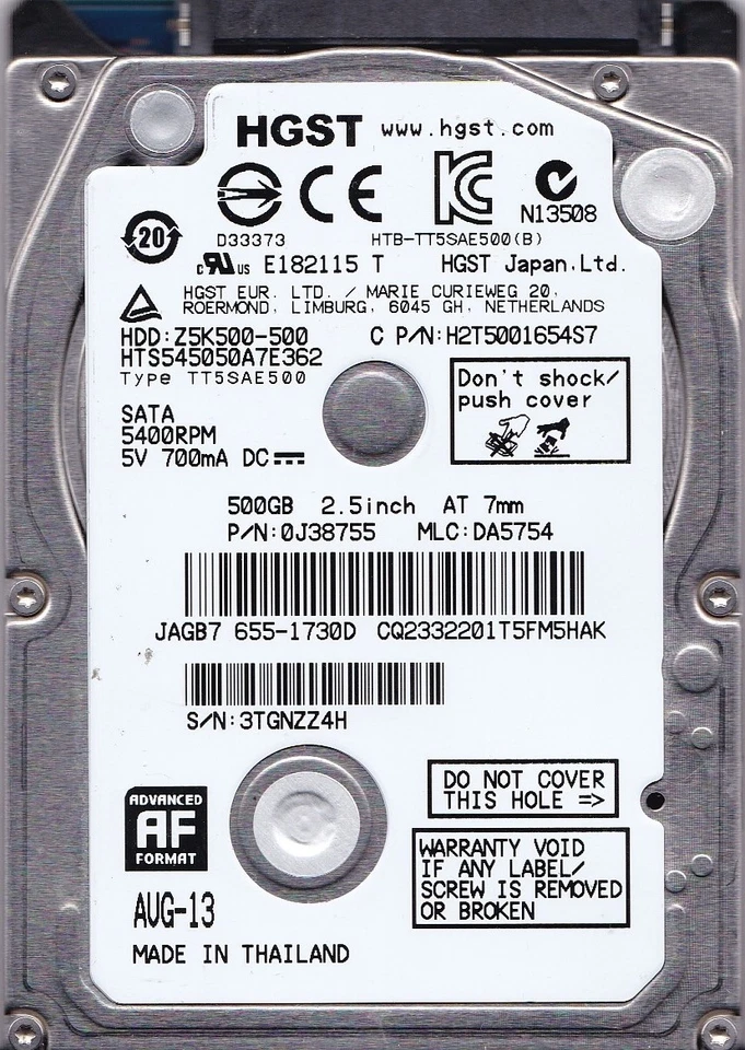 HTS545050A7E362 pn: 0J38755 mlc: DA5754 AUG-13 500GB 2.5 SATA GENUINE HGST-Apple - Image 1 of 4