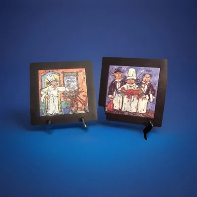 Set of 2 Kitchen Wall Plaques by Joanna 8”x8” Tile Framed Chefs Waiters Trivet - Image 1 of 4