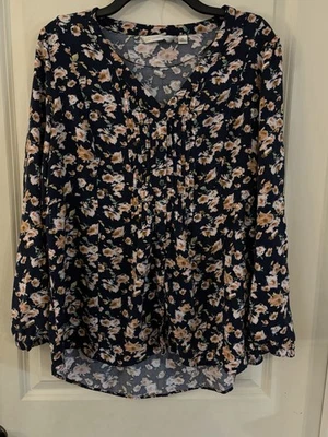 Lauren Conrad XL Navy Blue Long Sleeve V-Neck Top Floral Rayon Button-Up Flowy - Image 1 of 4