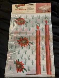 Vintage 1960s Plastic Christmas 🎄 Tablecloth *Poinsettias And Candles* 54”x72” - Picture 1 of 2