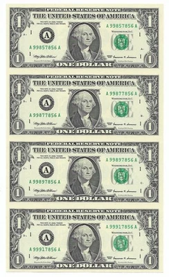 1999 $1 BOSTON Uncut Sheet of 4 FRNs. Crisp & UNCIRCULATED. W/Holder. Sheet Run - Image 1 of 3