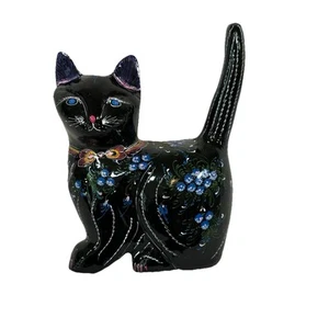 Black Lacquer Cat Wood Hand-painted Thailand Folk Art Decor Figurine Vtg 90s - Picture 1 of 8