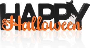 Wooden Happy Halloween Sign Ghost Pumpkin Indoor Table Shelf Party Decor - Picture 1 of 7