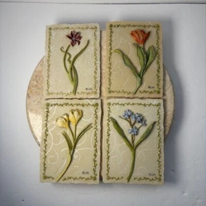 Vintage Cheri Blum 3D Floral Wall Plaque Tiles Tulip Forget Me Not Iris Lily Set - Picture 1 of 7