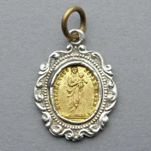 Französischer, antiker religiöser Silber Anhänger. Heilige Jungfrau Maria und Jesus. Medaille. - Bild 1 von 4