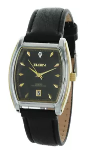 Elgin Men's Leather band Two Tone Watch with Date Window Diamond Dial FG109BLK - Picture 1 of 2