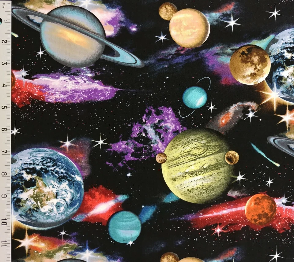 Black Space Planets Solar System Galaxy Cotton Quilt Fabric Elizabeths Studio - Image 1 of 1