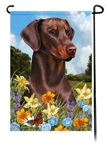 Summer Flowers Garden Flag - Uncropped Red Miniature Pinscher - Picture 1 of 1