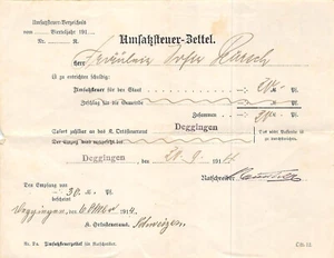 alte Rechnung 1914 Deggingen Ortsteueramt Umsatzsteuer-Zettel - Bild 1 von 2