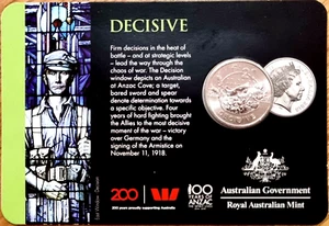 OFFICIAL 2018 DECISIVE ANZAC SPIRIT VALUES CARDED 20c ANZAC DECISIVE COIN  - Picture 1 of 3