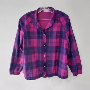 Tan Jay Vintage Flannel Bomber Shacket Fuschia Purple plaid Large button front - Picture 1 of 12